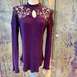 Free People Lace Keyhole Ribbed Long Sleeve Top L